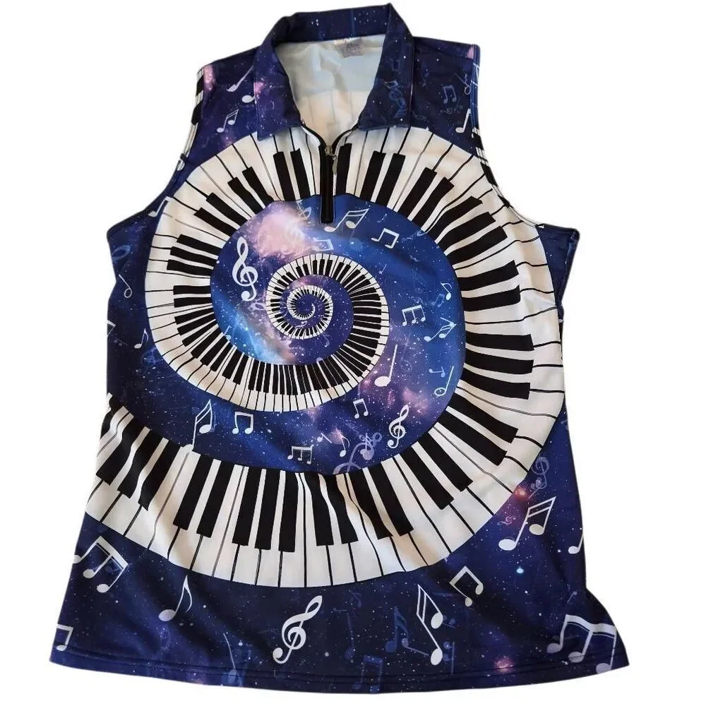 Womens Sleeveless Polo Top Featuring Print of Piano Keys and Musical Notes Size - Picture 3 of 8